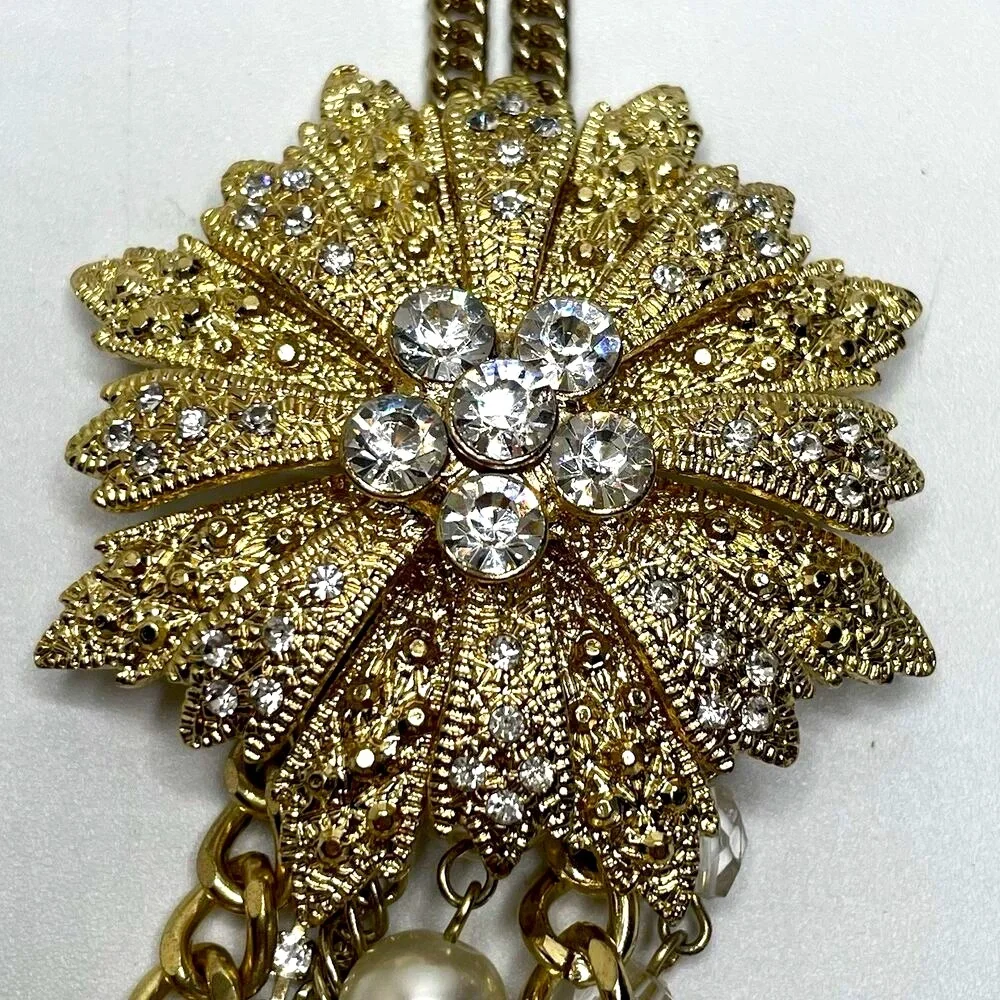 Amazing Gold Tone Fax Pearl Glass Rhinestone Flower Layered Chain Necklace